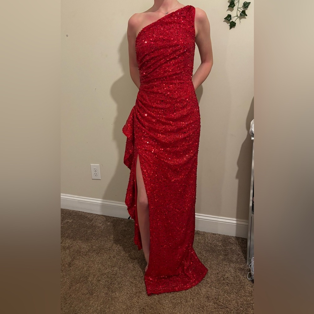 NWT Red sequin ruffled slit pageant or prom dress .